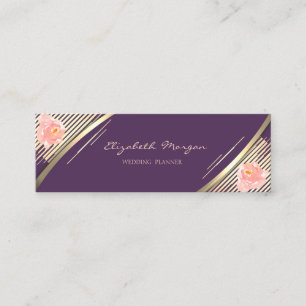 Carte De Visite Mini Élégant Tendance, Violet, Rayures Faux Or, Roses