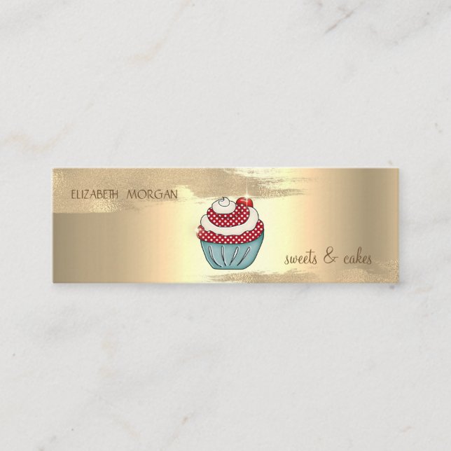 Carte De Visite Mini Élégante Brosse à huile d'or Stroke Cupcake Cherry (Devant)