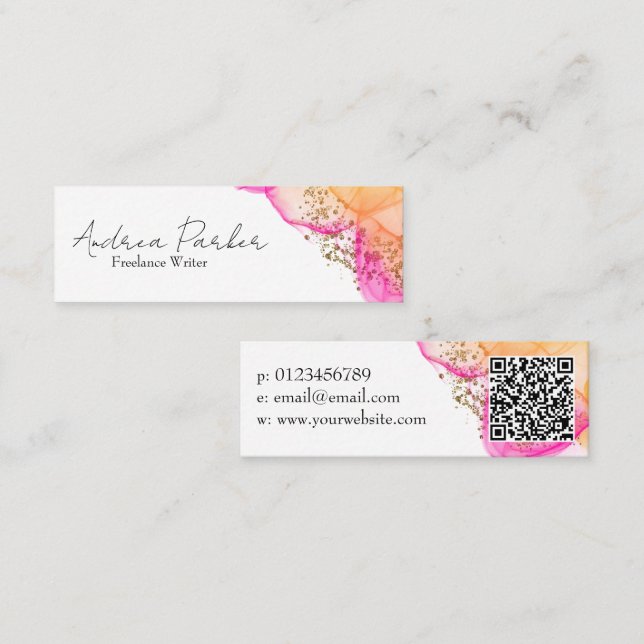 Carte De Visite Mini Encre rose personnalisée Code QR moderne simple (Devant / Derrière)