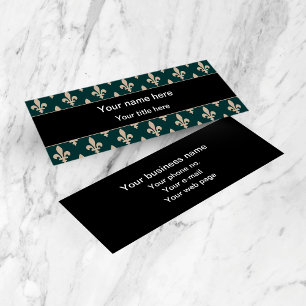 Carte De Visite Mini Fleur de Lis Motif, Français, Royal, Crème, Vert