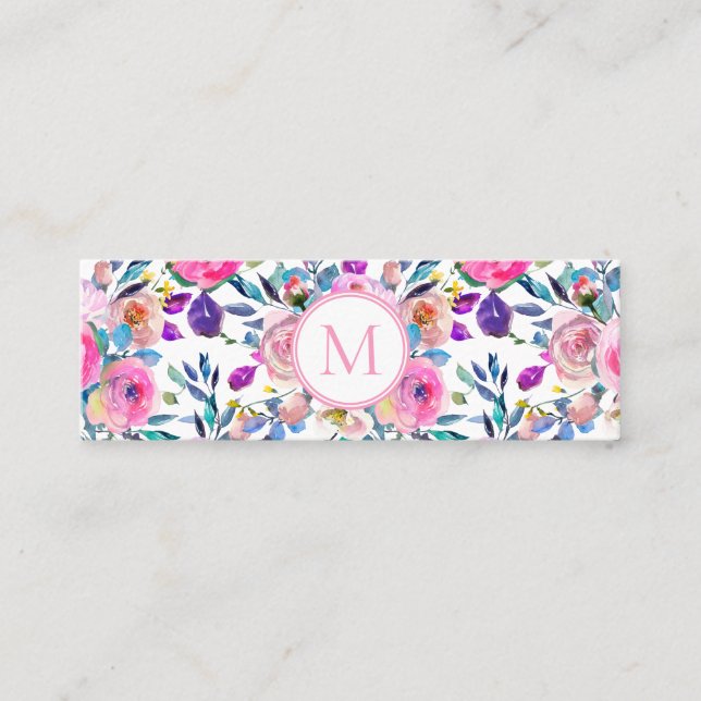 Carte De Visite Mini Fleurs d'aquarelle rose Monogramme (Devant)