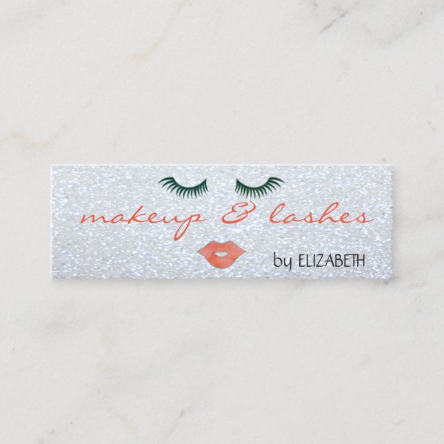 Carte De Visite Mini Glitterie moderne, Argent, Lèvres, Lashes, Maquill (Devant)
