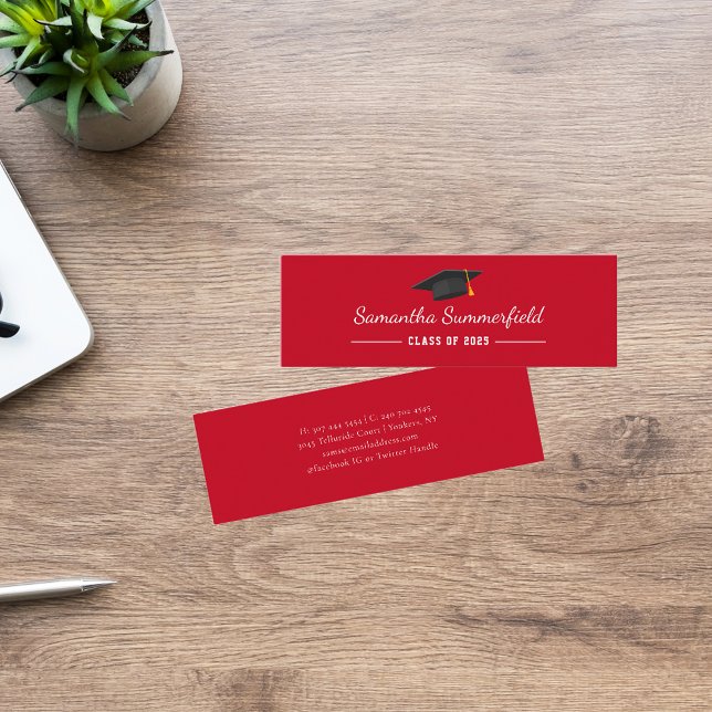 Carte De Visite Mini Graduation Moderne 2025 Minimaliste Nom du script (Graduation 2025 Red White Grad Cap Mini Calling Card)