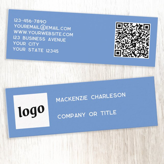 Carte De Visite Mini Logo simple et code QR bleu (Simple logo with QR code custom text professional branding sky blue business card)
