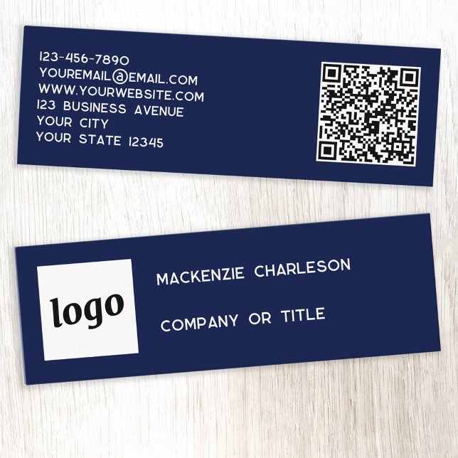 Carte De Visite Mini Logo simple et code QR Navy Blue (Simple logo with custom text and QR code professional navy blue mini business cards)