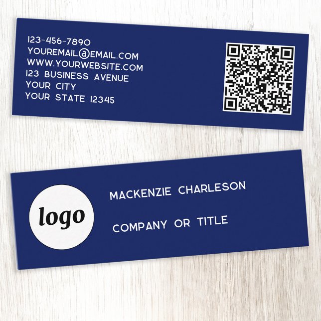 Carte De Visite Mini Logo simple et code QR Navy Blue (Navy blue and white logo, custom text and QR code professional mini business card)