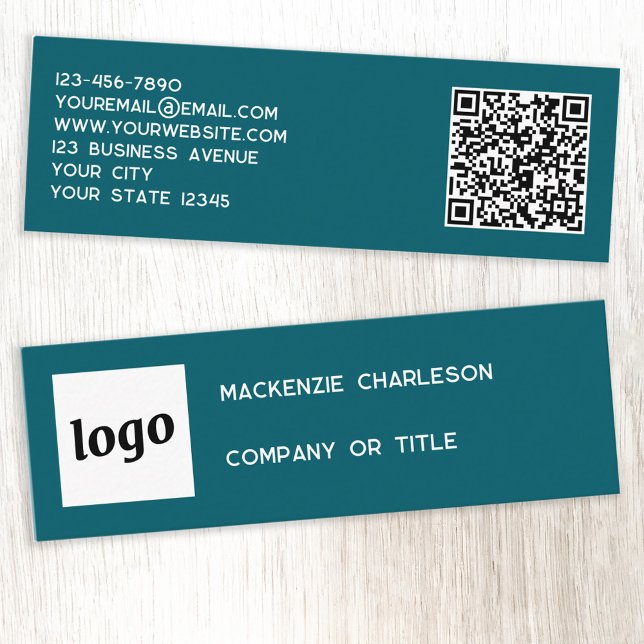 Carte De Visite Mini Logo simple et code QR Vert Turquoise (Simple logo QR code custom text professional branding mini business card teal green)