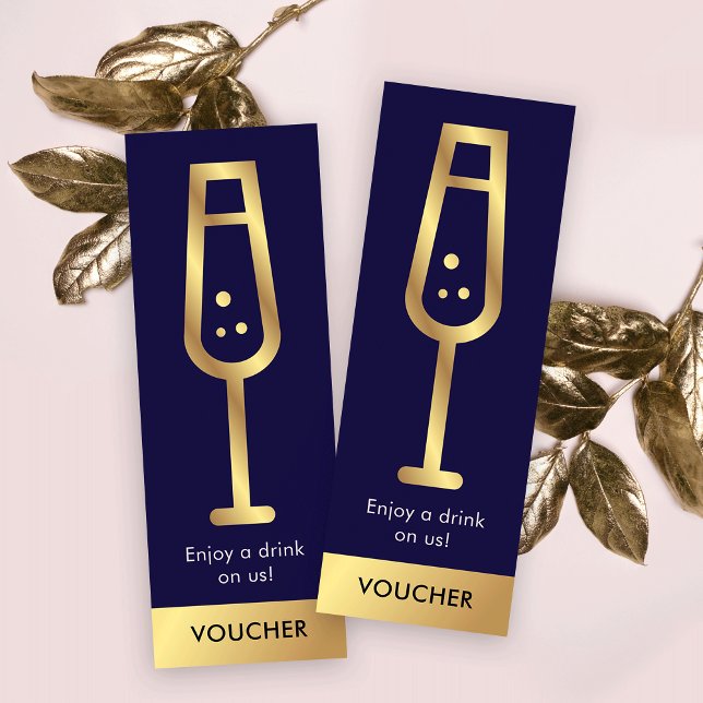Carte De Visite Mini Marine & Gold Logo Élégant événement gratuit Vouch (Navy blue and gold drink voucher cards, perfect for any business or private event)