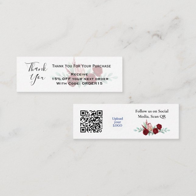 Carte De Visite Mini Merci Floral Code remise QR Insérer (Devant / Derrière)