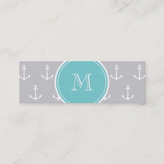 Carte De Visite Mini Motif d'Ancres de blanc gris, monogramme turquoise (Devant)