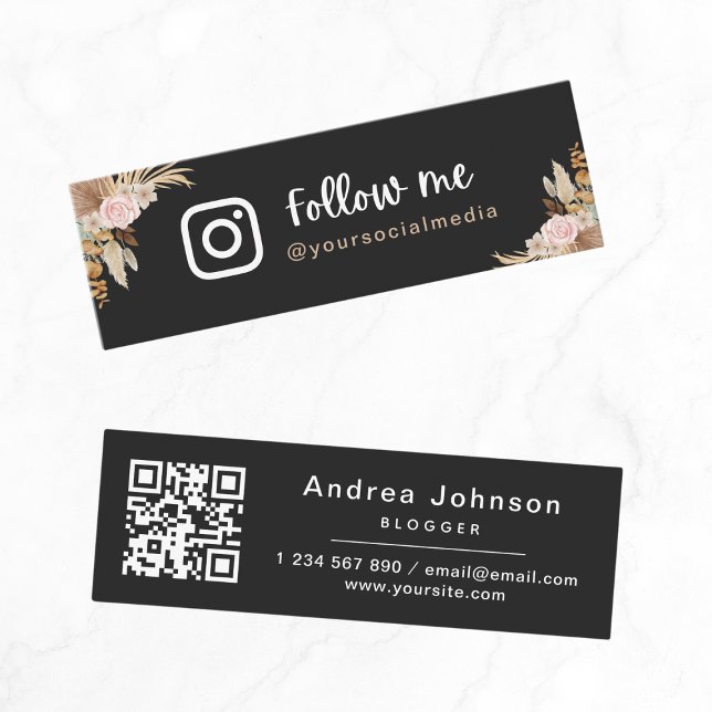 Carte De Visite Mini Noir Boho séché Pampas Grass Suivez-moi QR Code (Créateur téléchargé)