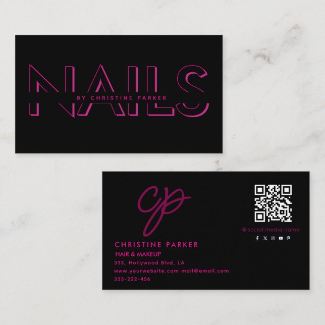Carte De Visite Mini-ongles professionnels monogramme Qr code (Devant / Derrière)