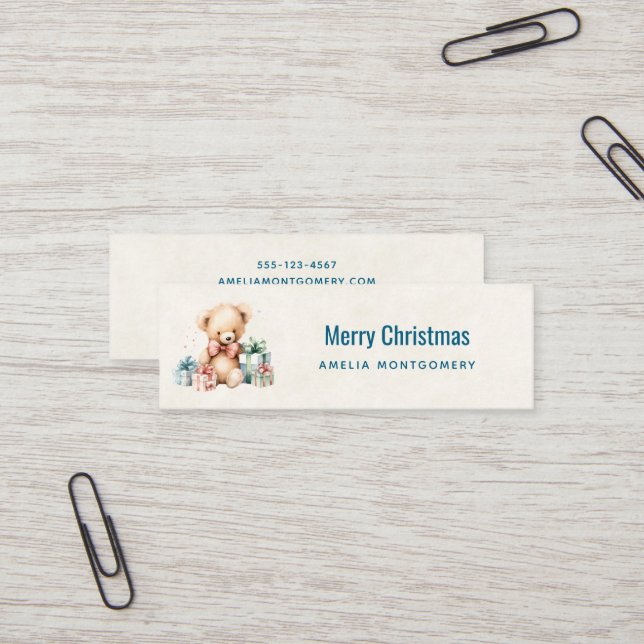 Carte De Visite Mini Ours en peluche mignonne avec cadeaux Joyeux Noël (Devant/Arrière en situation)