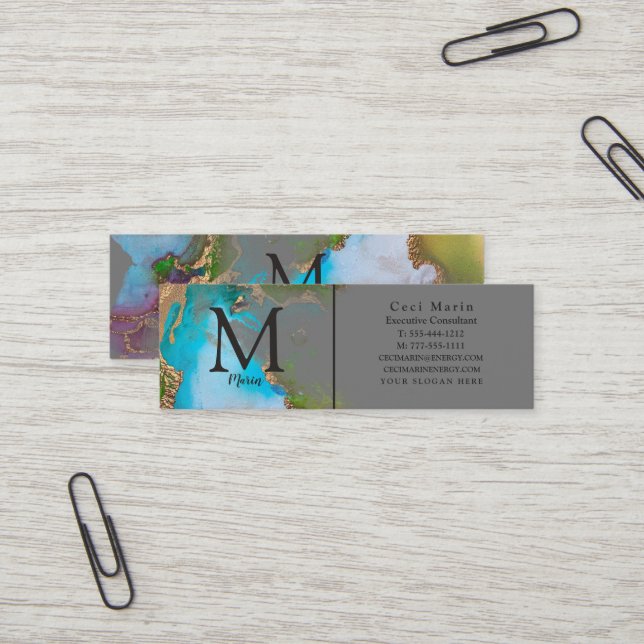 Carte De Visite Mini Professionnel Élégant Monogramme Gris Personnalisé (Devant/Arrière en situation)