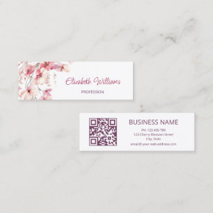Carte De Visite Mini QR Code Rose Boho Fleurs Blanc