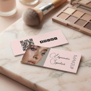 Carte De Visite Mini Rose Pâle Noir Écriture Photo Maquillage QR Social