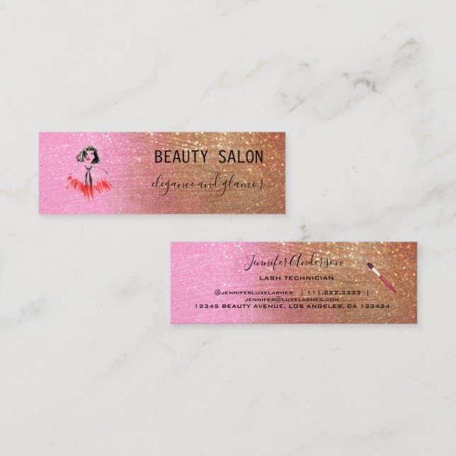 Carte De Visite Mini Salon de beauté moderne Parties scintillant rose o (Devant / Derrière)