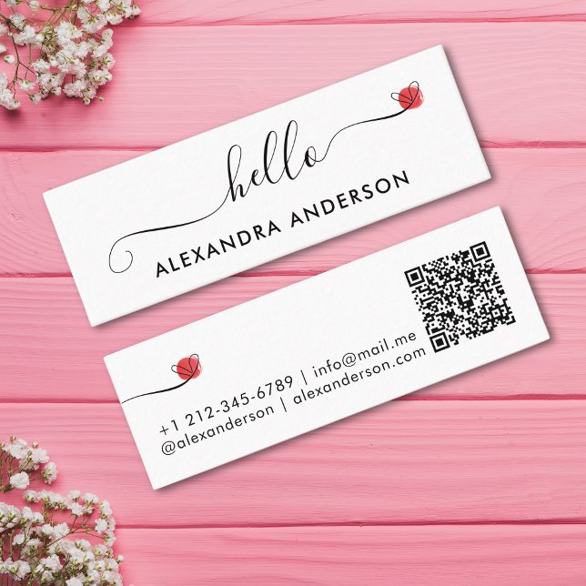 Carte De Visite Mini Script moderne minimal Hello Heart QR Code (Minimal Modern Script Hello Heart QR Code Mini Business Card)