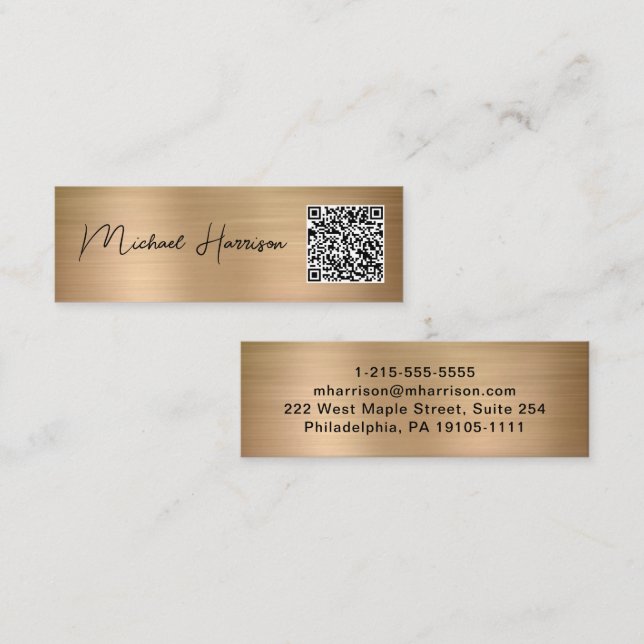 Carte De Visite Mini Script moderne QR Code Professionnel Or (Devant / Derrière)