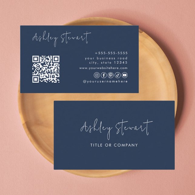 Carte De Visite Mini Script Sicial Media Qr Code Navy Blue (Créateur téléchargé)