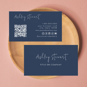 Carte De Visite Mini Script Sicial Media Qr Code Navy Blue