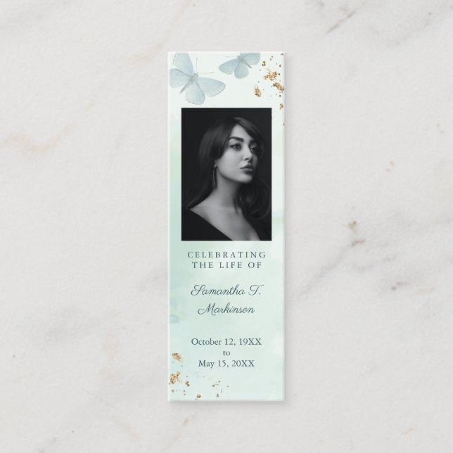 Carte De Visite Mini Signet funéraire de papillon d'aquarelle verte (Devant)