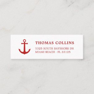 Carte De Visite Mini Simple Elegant Ancre nautique rouge et blanc