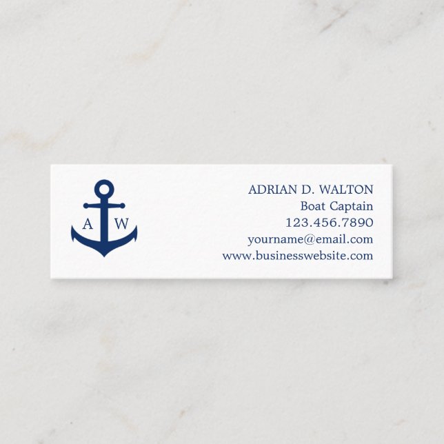 Carte De Visite Mini Simple Monogramme Ancre bleue marine (Devant)
