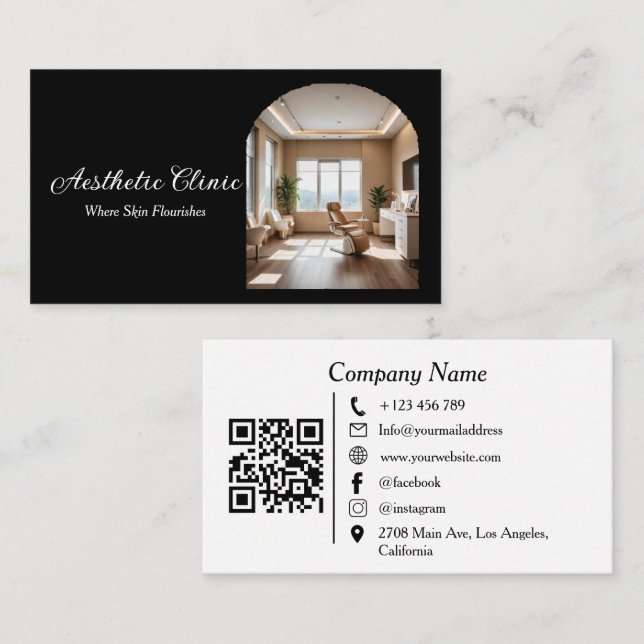 Carte De Visite Minimal Arch Aesthetic Clinic QR Code Black White (Devant / Derrière)