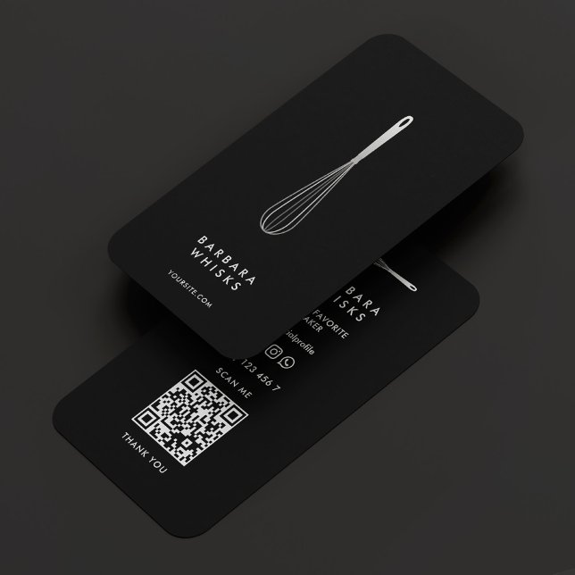 Carte De Visite Minimal Baker Pastry Caterer Black Silver Whisk  (Créateur téléchargé)