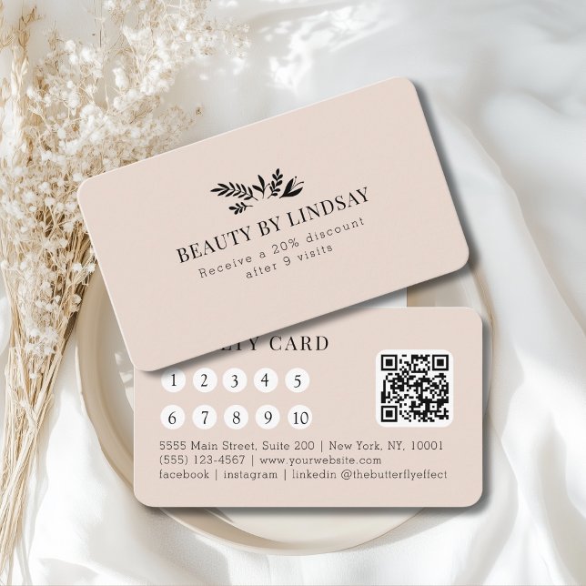 Carte De Visite Minimal Beige Botanical Salon QR-Code Loyalty (Minimal Beige-Blush Botanical Salon QR-Code Loyalty Business Card)