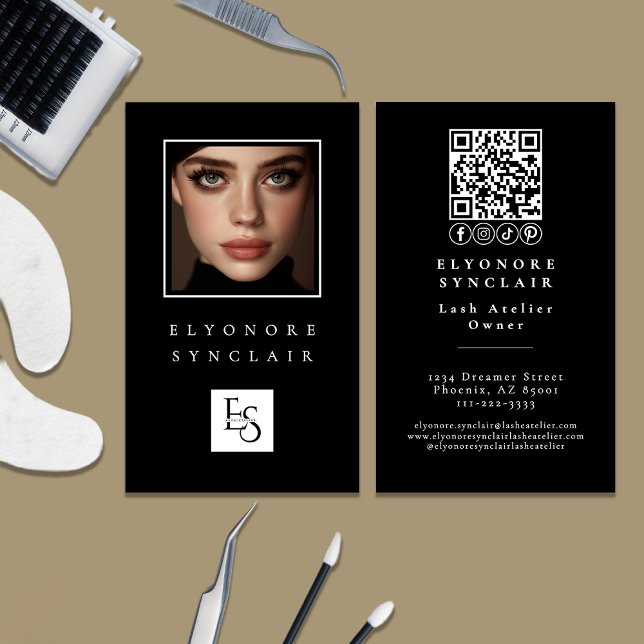 Carte De Visite Minimal Black White Script Lash Photo Logo QR (Créateur téléchargé)