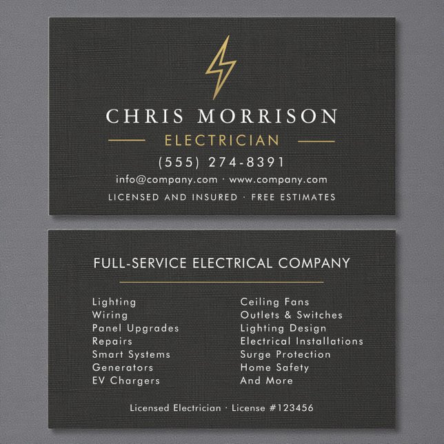 Carte De Visite Minimal Electrician Black Gold Linen (Créateur téléchargé)