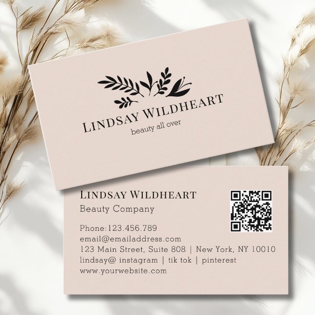 Carte De Visite Minimal Floral Beige-Blush Botanical  QR Code (Minimal Floral Beige - Blush Botanical Beauty QR Code Business Card)