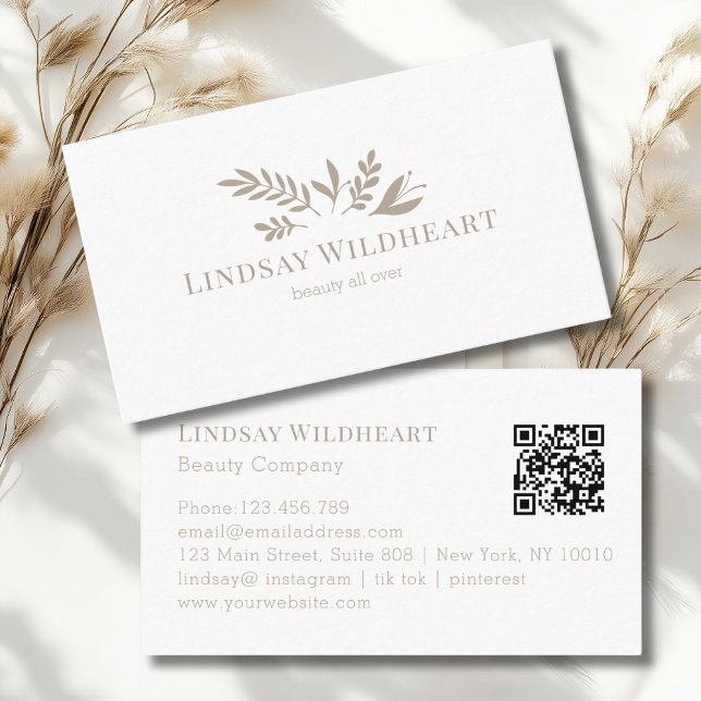Carte De Visite Minimal Floral White Botanical Beauty QR Code (Minimal Floral White Botanical Beauty QR Code Business Card)