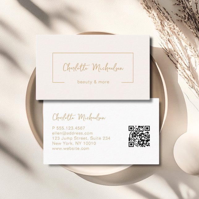 Carte De Visite Minimal Handwriting Beige QR Code (Minimal Handwriting Beige QR Code Business Card)