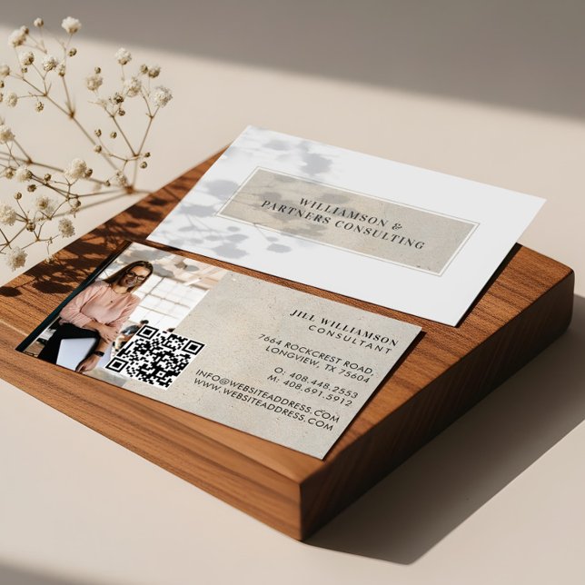 Carte De Visite Minimal Modern Beige Stone texture Photo QR Code (Minimal Modern Beige Stone texture Photo QR Code Business Card)