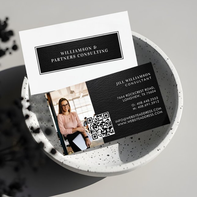 Carte De Visite Minimal Modern Elegant Black Leather Photo QR Code (Minimal Modern Elegant Black Leather Photo QR Code Business Card)