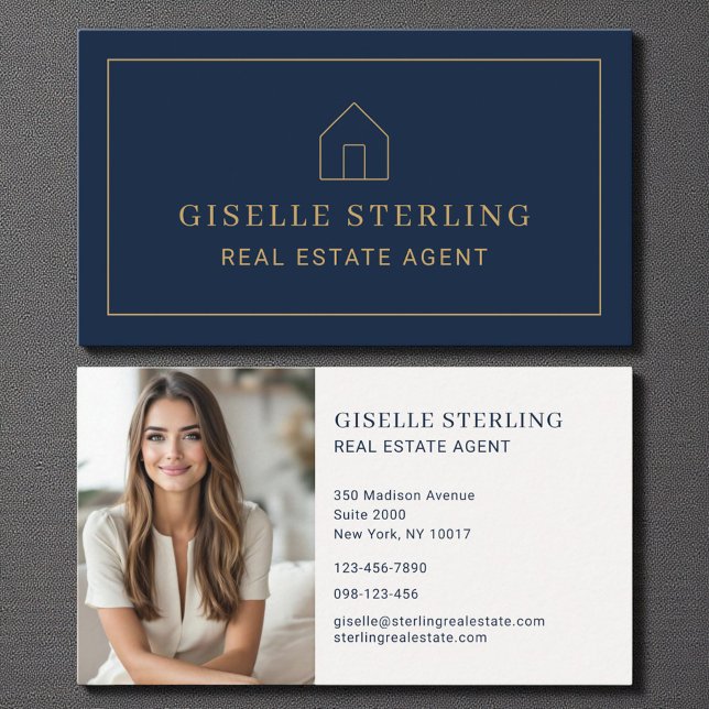 Carte De Visite Minimal Real Estate Agent Navy Blue House Photo (Créateur téléchargé)