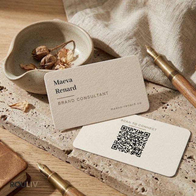 Carte De Visite Minimal Warm Beige Linen Texture QR Code Freelance (Wabi-Sabi Warm Beige Linen Texture QR Code Creative Freelancer Business Card
)