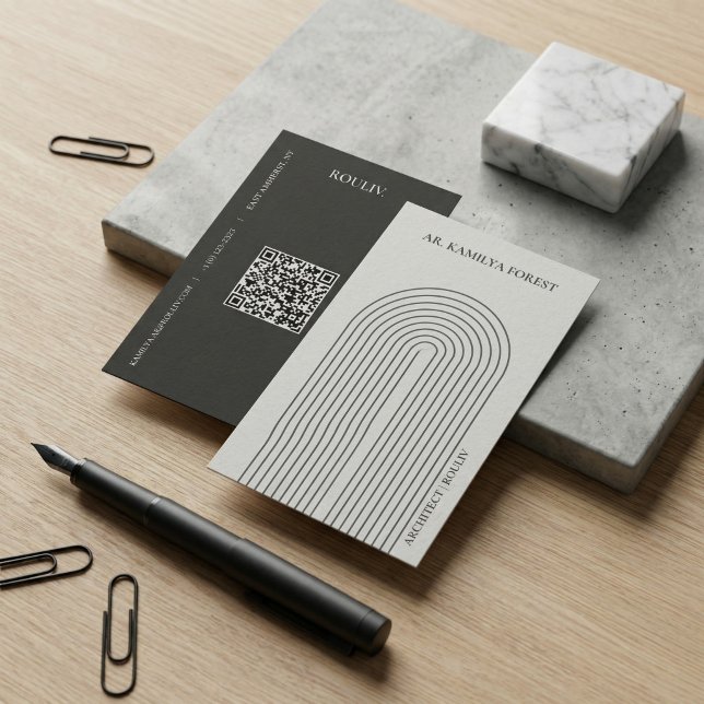 Carte De Visite Minimalist Architectural Arch with QR Code (Minimalist Architectural Arch Business Card with QR Code | Stone Grey & Charcoal Quiet Luxury)