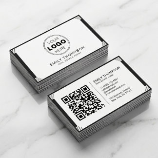 Carte De Visite Minimalist Black White Art Deco Logo QR Code