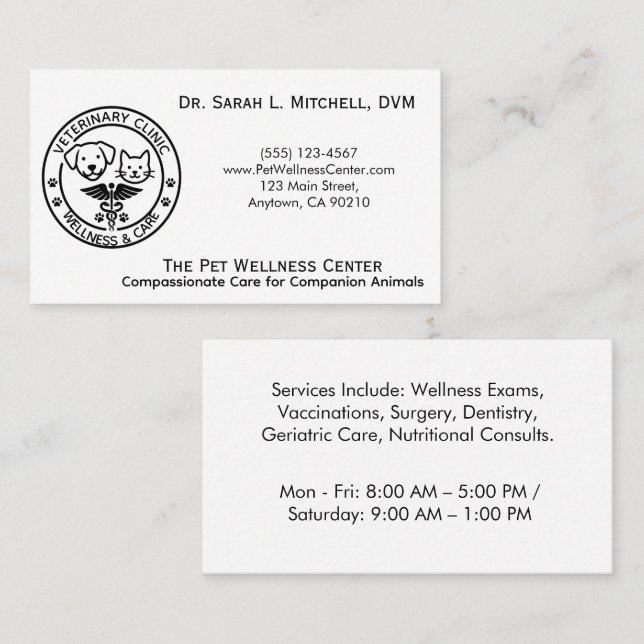 Carte De Visite Minimalist Black & White Veterinary Clinic (Devant / Derrière)