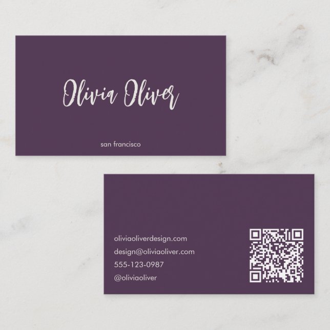Carte De Visite Minimalist Calligraphy Dark Purple Modern QR Code (Devant / Derrière)