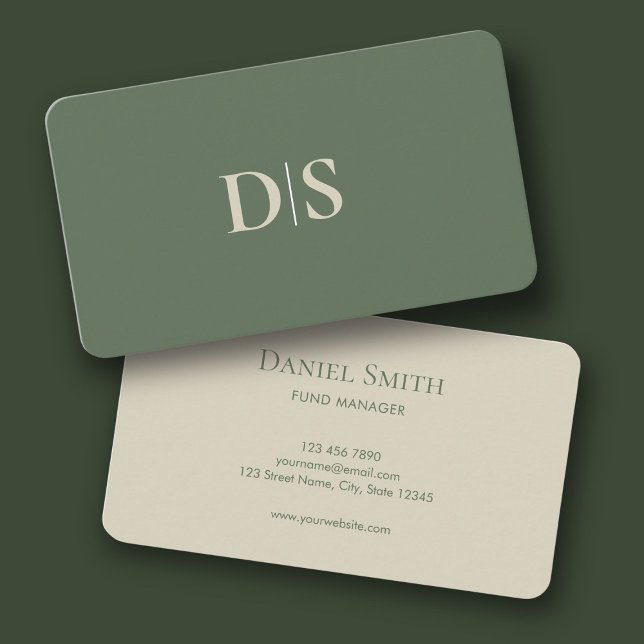 Carte De Visite Minimalist Elegant Beige on Muted Green Initials (Minimalist Elegant Beige on Muted Green Initials Business Card)