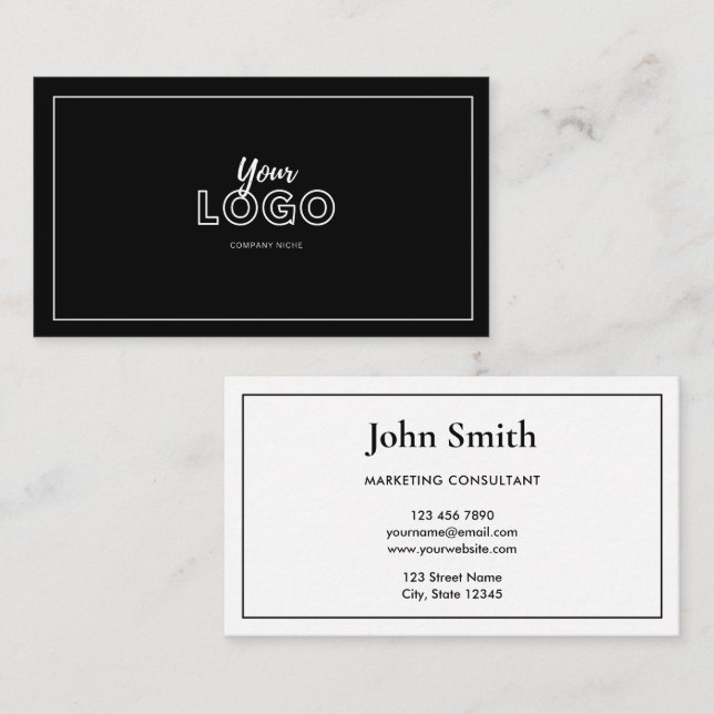 Carte De Visite Minimalist Elegant Black and White with Logo (Devant / Derrière)