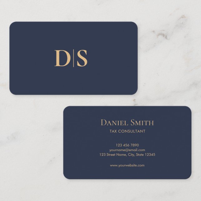 Carte De Visite Minimalist Elegant Dark Blue Initial Professional (Devant / Derrière)