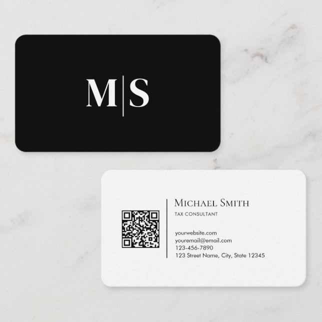 Carte De Visite Minimalist Elegant Initials QRCode Black and White (Devant / Derrière)