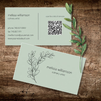 Carte De Visite Minimalist Foliage on Sage Green with QR Code 