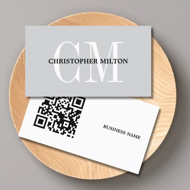 Carte De Visite Minimalist Grey Bold Monogram QR code Consultant (Créateur téléchargé)